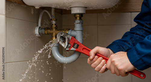Plumber repairs leaking sink pipe with red adjustable wrench and water spray