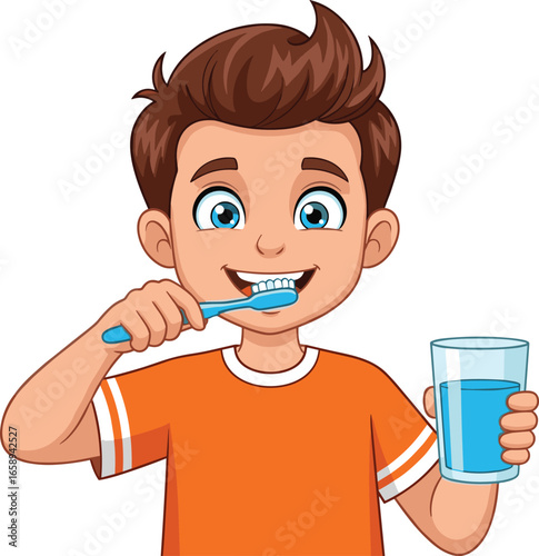 Cartoon character brushing teeth vector, dental hygiene illustration, oral care clipart, healthy lifestyle artwork, morning routine design, toothbrush and water glass graphic