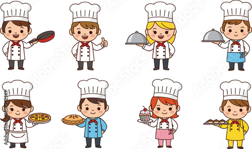 Cartoon chefs character set vector, cooking and baking illustration, culinary professionals clipart, kitchen tools and food artwork, restaurant and cuisine design