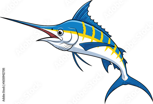 Cartoon marlin fish vector illustration, blue and yellow striped sea creature artwork, ocean wildlife clipart, sport fishing design, tropical marine life graphic