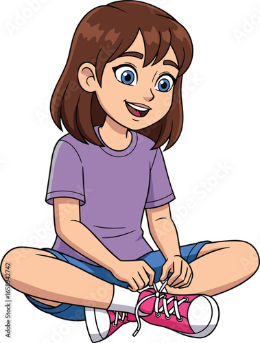 Cartoon person tying shoelaces vector illustration, sitting cross‑legged on ground, casual clothing artwork, footwear and sportswear concept, everyday activity character design