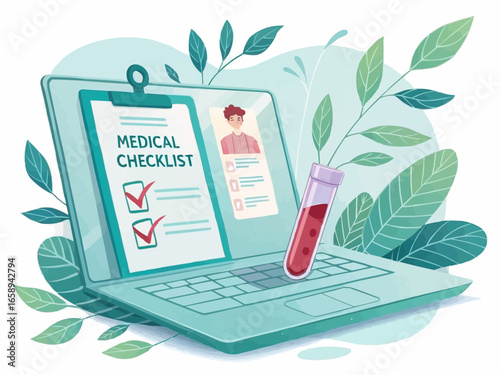Laptop displaying medical checklist with blood sample and patient profile information online now seen