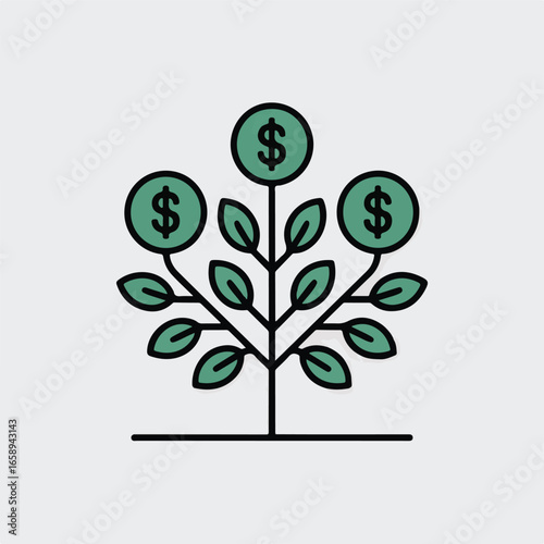 Financial growth concept: A vibrant illustration of a money tree thriving, symbolizing investments and prosperity.