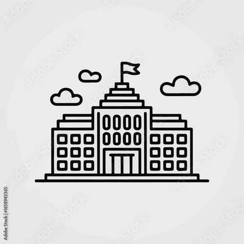 Modern government building with flag waving proudly against a backdrop of fluffy clouds, symbolizing authority and civic pride.