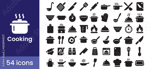 Cooking icon set with kitchen utensil symbols for food, including a cook's pot and pan for culinary projects, recipes, and restaurant menus.


