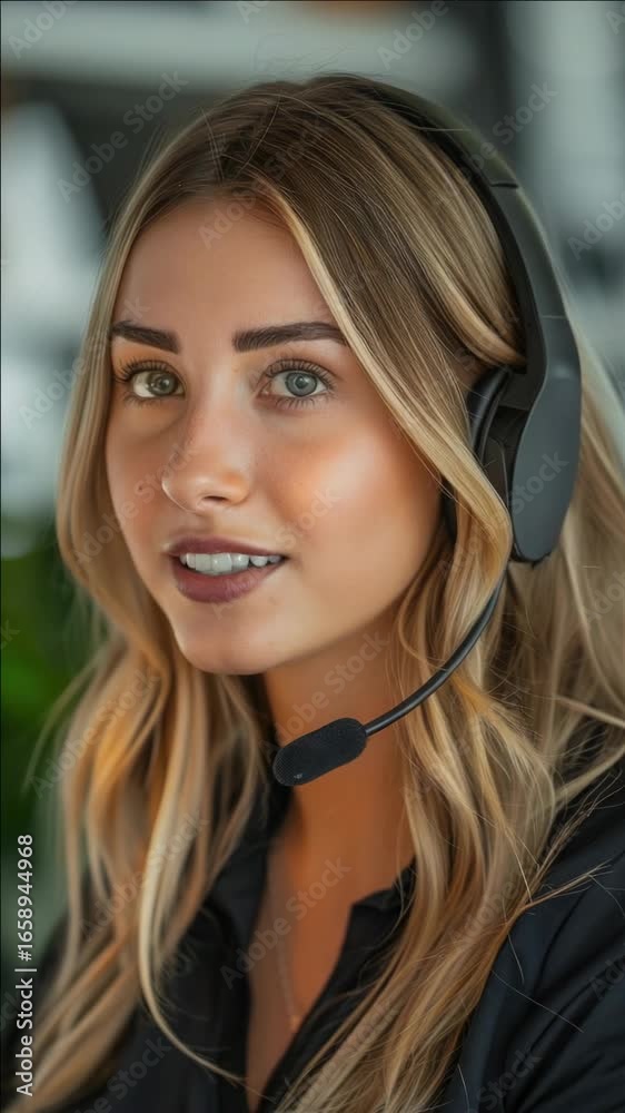 Young woman smiling, wearing headset and dark shirt, likely in call center or radio setting. Young woman smiling, wearing headset and dark shirt, likely in call center or radio setting.