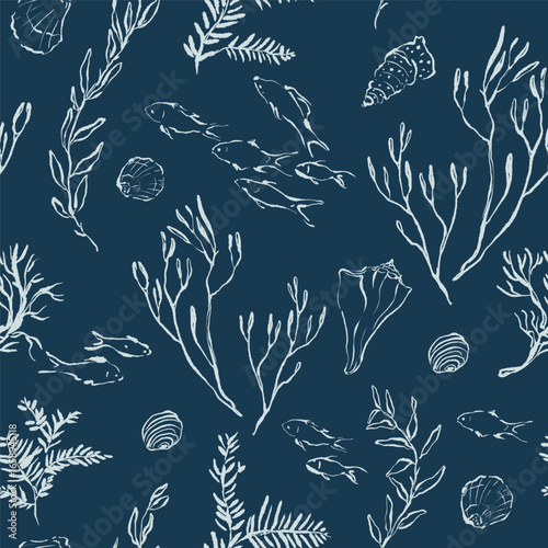 Vector ocean seamless pattern of linear coral reef, fish and animals. Underwater plant illustration isolated on blue background. For design, prints, fabric or background.