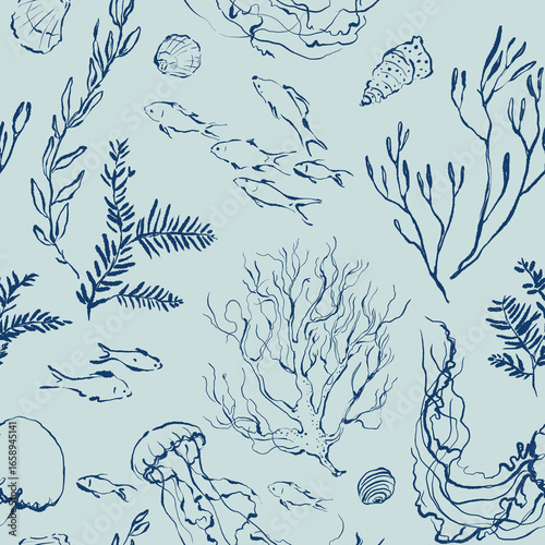 Photography Watercolor ocean seamless pattern of linear fish, coral reef and animals
