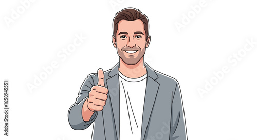 Cartoon businessman with thumbs up gesture showcasing positive feedback