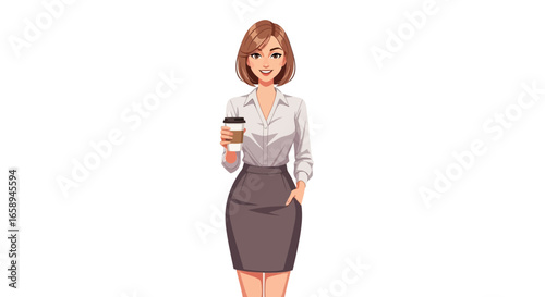 Charming businesswoman illustration with coffee, ready to tackle challenges