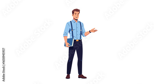 Confident young professional offering guidance with presentation and book