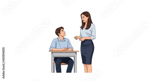 Dedicated teacher interacting with a student in a school setting illustration