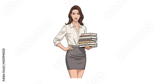 Determined educator holding stack of books, inspiring knowledge sharing