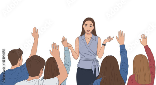 Diverse group engaging in question and answer session with presenter