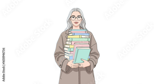 Fashionable girl with grey hair and glasses holding stack of books