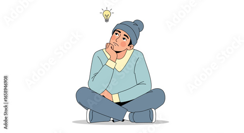 Thoughtful character illustration pondering creative concepts with innovative ideas in mind, sitting cross legged while contemplating intellectual