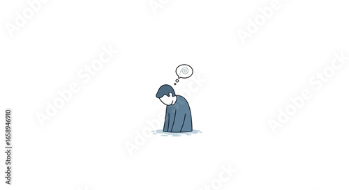 Cartoon Depression: Depicting a Character Lost in Thought with Mental Health Challenges and Emotional Distress on a White Background