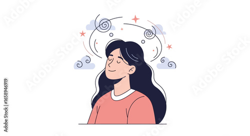 A tranquil woman amidst swirling thoughts, finding inner peace and creative inspiration in a world filled with dreams and contemplation of ideas