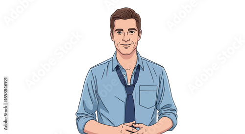 Illustrated portrait of a smiling young professional with casual tie look