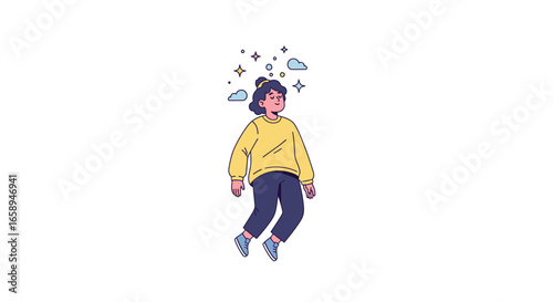 Illustration of a serene young woman floating amidst celestial symbols, representing dreams and introspection, on an isolated background