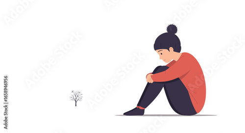Isolated sorrow: a minimalistic illustration showcasing loneliness and introspection in winter season landscape featuring a solitary figure and tree