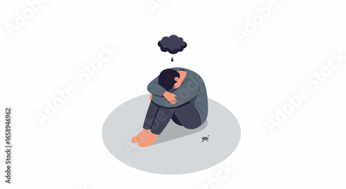Isolated emotional distress illustration depicting feelings of gloom and hopelessness shown with a dark cloud