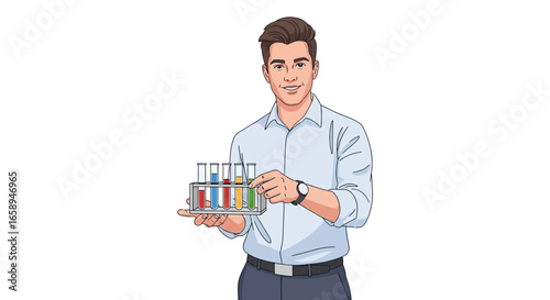 Illustrated scientist showcasing test tubes with colorful solutions research