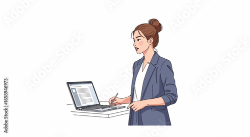 Illustration of a business woman with laptop and stylus pen working