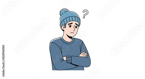 Puzzled male character with crossed arms wearing beanie, contemplating something unknown, under a question mark, with a neutral background