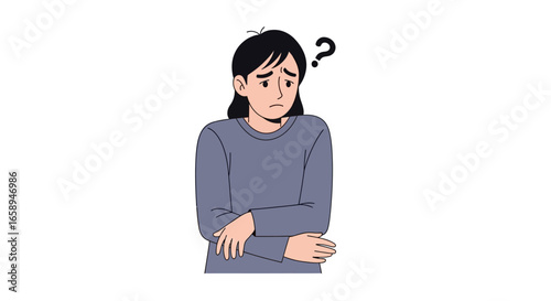 Puzzled Cartoon Character: A Woman Expressing Confusion and Introspection on a White Background in Simple Flat Art Style Design
