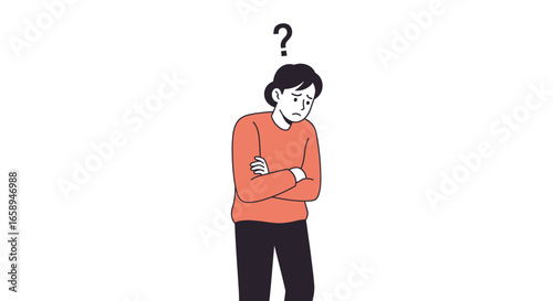 Illustration of a person feeling doubtful with a question mark above them expressing uncertainty and contemplation in a minimalist design