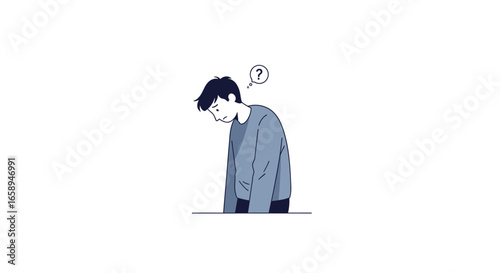 Illustration of a young man with question mark, pondering a problem, isolated against a white background, expressing uncertainty and seeking solutions