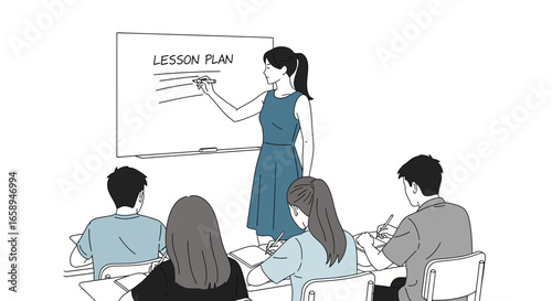 Illustration of a class room scene with a teacher explaining lesson plan