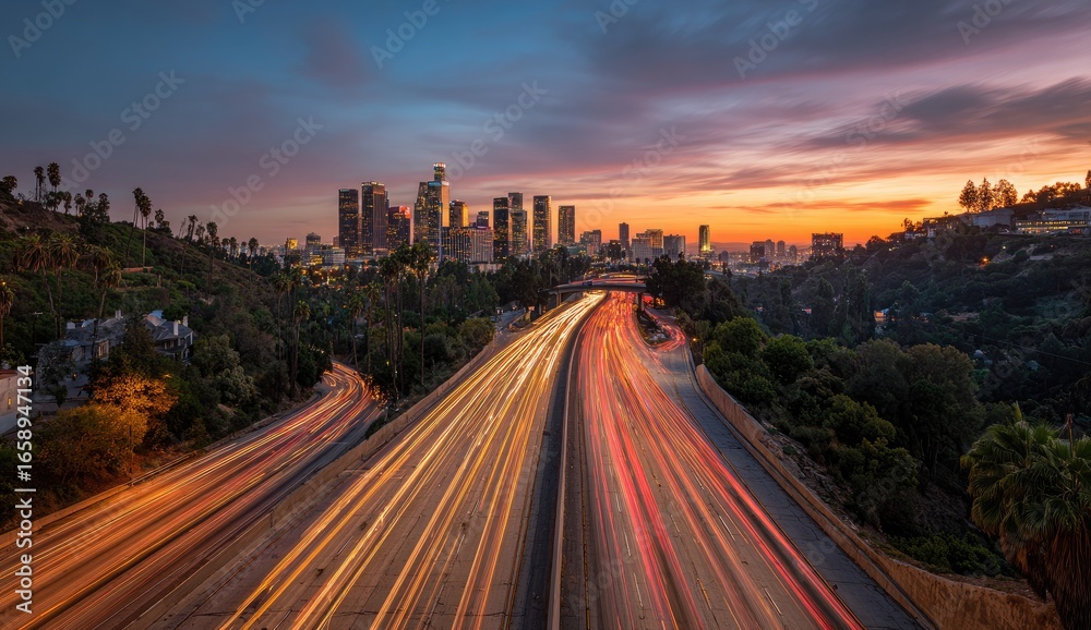 Obraz premium Sunset over Los Angeles freeway