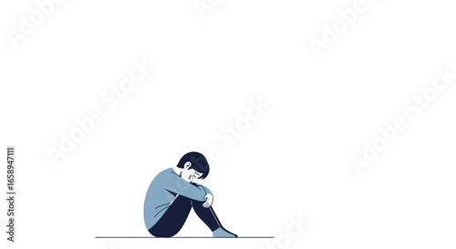 Solitary sadness: A depiction of sorrow and emotional vulnerability in minimalist style illustration on white background