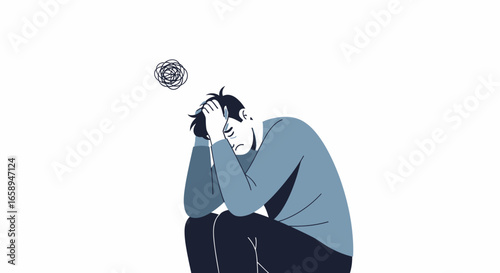 Illustration showcasing a man overwhelmed by stress and anxiety, portrayed with simple line art and somber colors reflecting mental health challenges