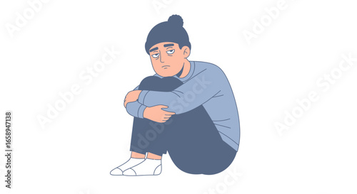 Illustration depicting a melancholic person with a despondent expression embracing knees in solitude, against stark white backdrop, projecting