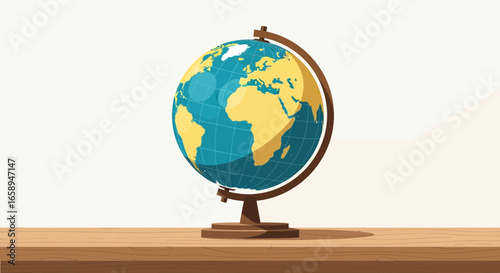 Illustration of a vintage globe sitting on a wooden surface with a simple background