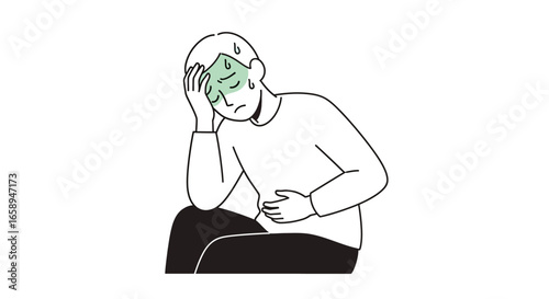 Illustration of a person experiencing discomfort, possibly stomach pain, or illness and feeling unwell. The individual is depicted with visible