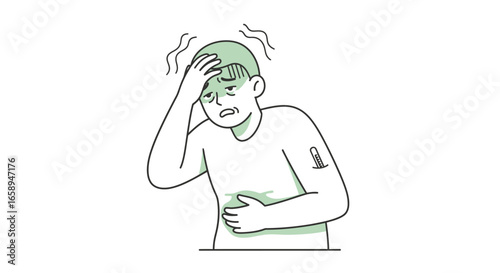 Line Art Illustration of a Sick Man with Fever, Headache, and Stomach Pain, Suffering from Illness and Needing Care and Rest for Recovery