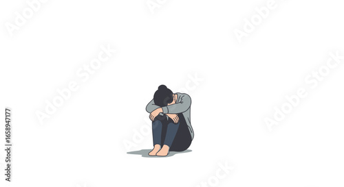 Solitary Sorrow: An Illustration of a Woman Seated in Despair on a Plain Background Depicting Inner Turmoil