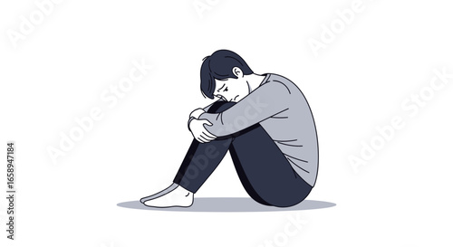Despondent man illustration showing feelings of solitude and despair in grayscale color palette, conveying sadness and vulnerability in a minimalist