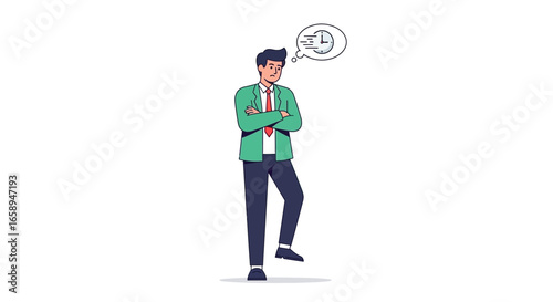 Businessman contemplates deadline, conceptualizing clock symbol amidst time management challenges, reflecting on urgent deliverables with focus and