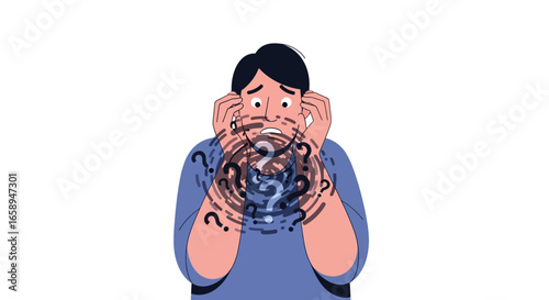 Illustration displaying a male individual struggling with confusion and overthinking, depicted amidst swirling question marks symbolizing mental