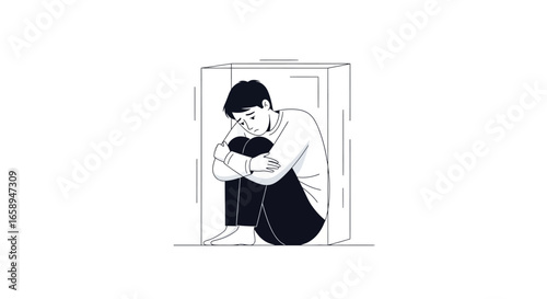 Linear illustration depicting a dispirited young man curled up inside a confining box, symbolizing limitations and personal struggles with feeling