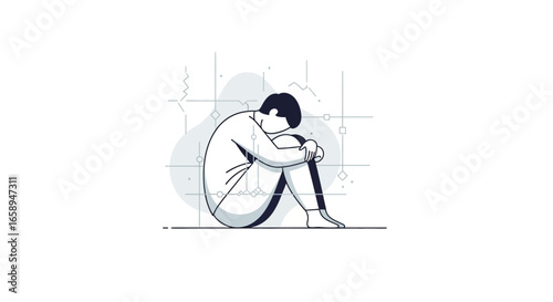 Vector illustration of a person in a fetal position depicting feelings of loneliness and sadness amid a tech-driven backdrop