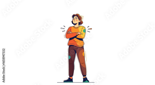 Confident young person with arms crossed embodying determination and resolve isolated against a stark white backdrop showcasing a vector design