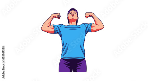 Cartoon illustration featuring a muscular man flexing, symbolizing strength and power, conveying a message of fitness and dedication to physical