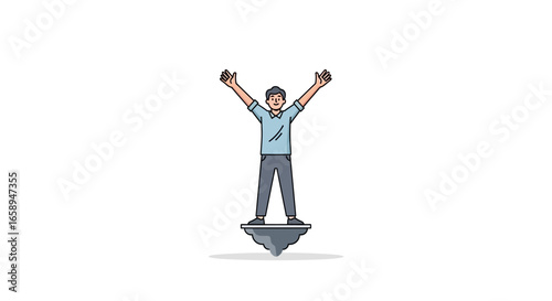 A cartoon man celebrating on a floating island conveys triumph and achievement a symbol of success and freedom with minimalist design and neutral