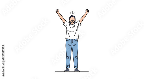 Energetic celebration: Cartoon illustration of a woman rejoicing with arms raised, signifying triumph and unbridled jubilation with minimalist style